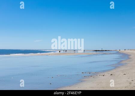 Litorale piatto e sabbioso con ampie piscine di marea che riflettono un cielo blu luminoso, lontane beachcomber, Tybee Island Georgia, aspetto orizzontale Foto Stock