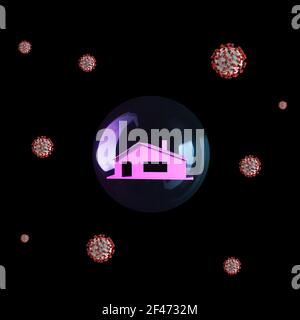 Casa rosa all'interno della bolla con coronavirus all'esterno. Virus epidemico 2019-nCoV sindrome respiratoria. Concetto di soggiorno a casa. Foto Stock