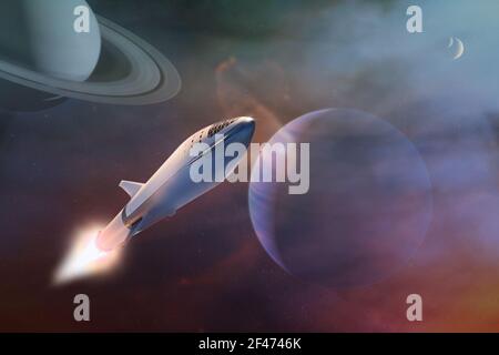 Starship decollo su una missione sullo sfondo di pianeti alieni nello spazio. Elementi di questa immagine forniti dalla NASA. Foto Stock
