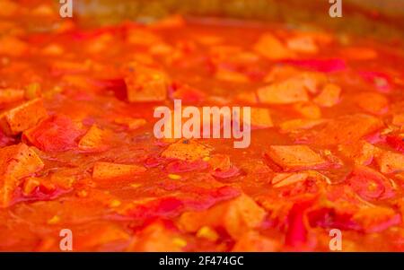 Affettato ​​sausages cotto in salsa di pomodoro per spaghetti Croazia. Foto Stock