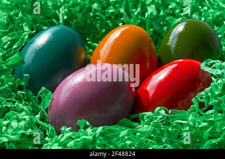 Uova di Pasqua colorate, sdraiate in un nido pasquale, fatte di erba di carta verde. Cinque uova paschal multicolore, uova di pollo sode, in erba granchio. Foto Stock