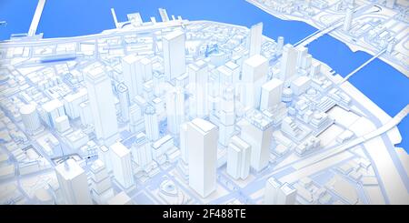 bianco basso poly wireframe moderno centro con vista fiume sopra. rendering 3d Foto Stock