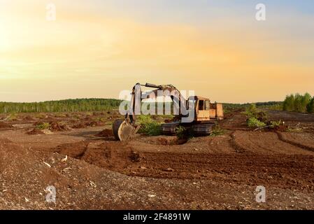 Scavatore scavare fossato di drenaggio nel sito di estrazione della torba. Drenaggio di torbiere e distruzione di alberi. Perforazione su palude per l'esplorazione petrolifera. Zona umida Foto Stock