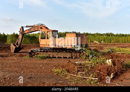 Scavatore scavare fossato di drenaggio nel sito di estrazione della torba. Drenaggio di torbiere e distruzione di alberi. Perforazione su palude per l'esplorazione petrolifera. Zona umida Foto Stock