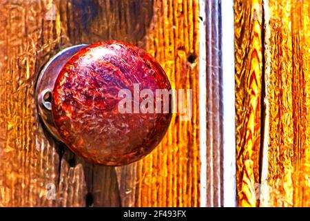 Si tratta di un dipinto digitale a olio, da una foto ravvicinata, di una grande vecchia manopola di una porta su una porta presso la città fantasma mineraria del Bodie state Historic Park in California Foto Stock