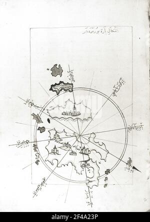 Descrizione del Mediterraneo e dei suoi paesi costieri del riso Piri, dalle isole di riso A-Fagir Mehmd nel Mediterraneo con città e fortezze Foto Stock