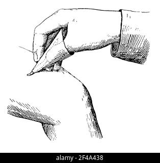 Fissare le fiche con l'aiuto di un sacchetto di carta. Illustrazione del 19 ° secolo. Germania. Sfondo bianco. Foto Stock