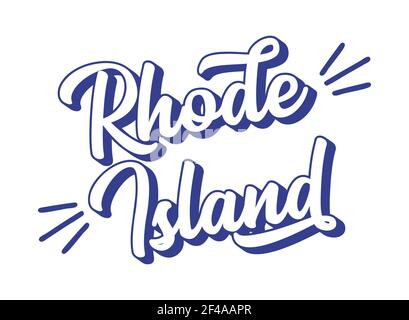 Testo DI RHODE ISLAND disegnato a mano. Vintage 3D, scritta retrò per poster, adesivo, volantino, intestazione, scheda, abbigliamento, usura Illustrazione Vettoriale