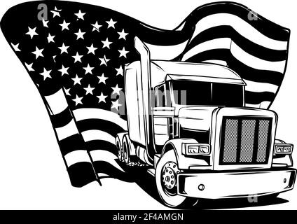 Pesca in bianco e nero di autocarro americano classico. Illustrazione vettoriale con bandiera americana Illustrazione Vettoriale