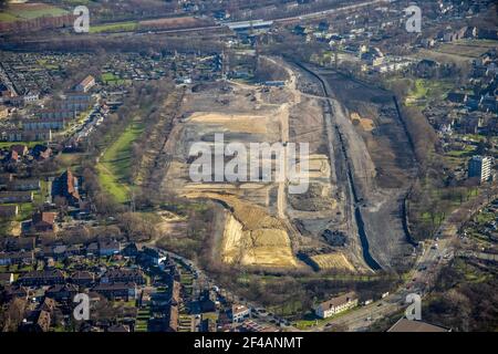 Fotografia aerea, , progettato quartiere verde Friedrich-Park, ex miniera di carbone Friedrich Thyssen Schacht 2/5, Marxloh, Duisburg, zona Ruhr, Nord Reno-W. Foto Stock