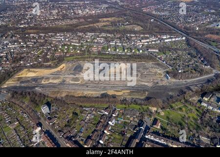 Fotografia aerea, , progettato quartiere verde Friedrich-Park, ex miniera di carbone Friedrich Thyssen Schacht 2/5, Marxloh, Duisburg, zona Ruhr, Nord Reno-W. Foto Stock