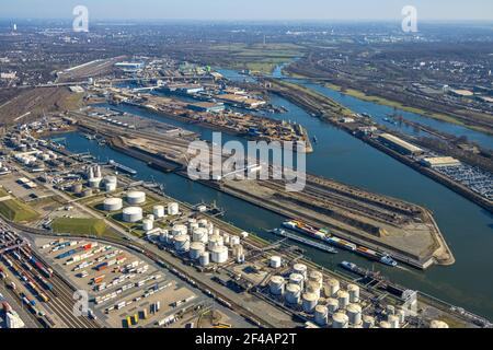 Vista aerea, porto di Duisburg, isola del carbone, Duisport, canale Reno-Herne, Ruhr, Ruhrort, Duisburg, Ruhr, Renania settentrionale-Vestfalia, Germania, DE, Euro Foto Stock