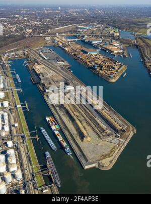 Vista aerea, porto di Duisburg, isola del carbone, Duisport, canale Reno-Herne, Ruhr, Ruhrort, Duisburg, Ruhr, Renania settentrionale-Vestfalia, Germania, DE, Euro Foto Stock