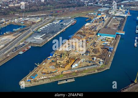 Vista aerea, porto di Duisburg, isola del carbone, Duisport, canale Reno-Herne, Ruhr, Ruhrort, Duisburg, Ruhr, Renania settentrionale-Vestfalia, Germania, DE, Euro Foto Stock