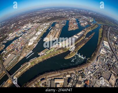 Vista aerea, porto di Duisburg, isola del carbone, Duisport, canale Reno-Herne, Ruhr, Ruhrort, Duisburg, Ruhr, Renania settentrionale-Vestfalia, Germania, DE, Euro Foto Stock