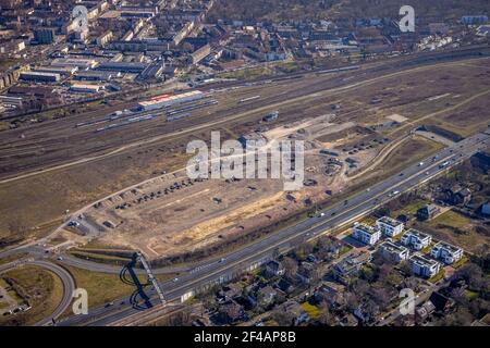 Vista aerea, , vecchi binari della stazione di trasporto, Duisburg Freedom, demolizione edificio, Love Parade 2010 sito, Dellviertel, Duisburg, Ruhr zona, Nord Reno Foto Stock