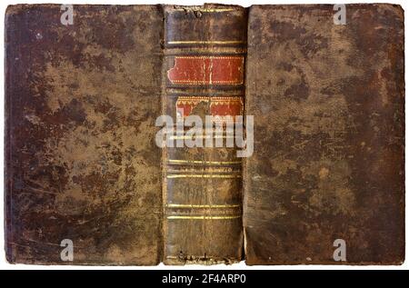 Vecchio libro aperto - copertina in pelle marrone indossata con spessore colonna vertebrale e decorazioni dorate astratte - circa 1750 - isolato su bianco Foto Stock
