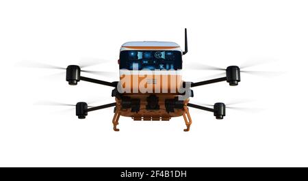 Concetto di magazzino di automazione con drone di consegna di rendering 3d o volo di robot isolato Foto Stock