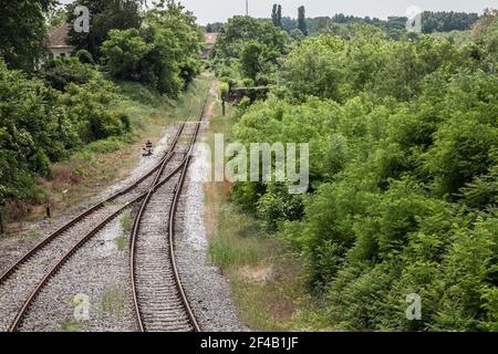 Panorama della vecchia e arrugginita ferrovia di commutazione su una linea ferroviaria abbandonata con la sua tipica pista metallica coperta di erba e vegetali a causa della mancanza di utilizzo. Foto Stock