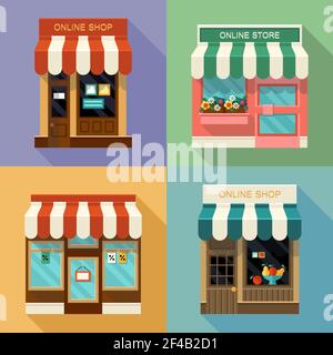 Negozi diversi e negozi icone set.concept shopping online Illustrazione Vettoriale
