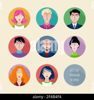 Set di avatar vettoriali in stile di disegno piatto. Illustrazione Vettoriale