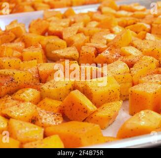 Conditi e tagliate a cubetti la zucca sono pronti per il forno a Nottingham Scuola Elementare di Arlington, VA, Mercoledì, 12 ottobre 2011. Foto Stock