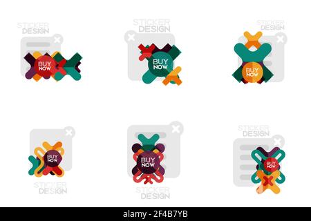 Set di adesivi e etichette geometriche dal design piatto, etichette dei prezzi, badge promozionali, design delle icone, stile della carta con testo campione buy now, per presentazioni aziendali o Web, pulsanti di app o interfaccia. Set di adesivi e etichette geometriche dal design piatto, etichette dei prezzi, badge promozionali, design di icone, stile di carta con testo campione buy now, per presentazioni aziendali o Web, pulsanti di app o interfaccia, banner di negozi di siti Web su Internet Illustrazione Vettoriale