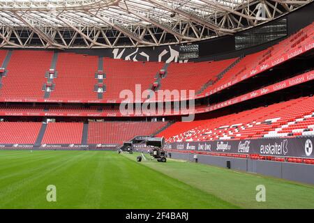 Vista degli stand di San Mames, stadio di calcio, sede del club atletico Bilbao, Paesi Baschi, Spagna Foto Stock