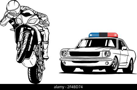 Disegnare in bianco e nero di polizia auto sta inseguendo un criminale su una moto. Illustrazione Vettoriale