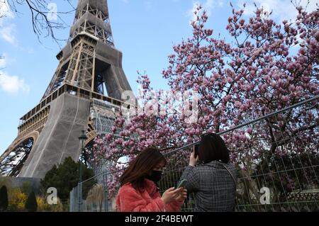 (210320) -- PARIGI, 20 marzo 2021 (Xinhua) -- la gente scatta le immagini di un albero di magnolia fiorente al Champ-de-Mars vicino alla Torre Eiffel a Parigi, Francia, 19 marzo 2021. (Xinhua/Gao Jing) Foto Stock