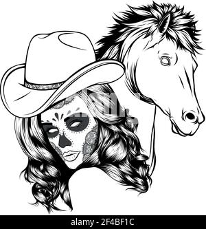 disegnare in bianco e nero di ragazza vestita come a. cowboy con cavallo Illustrazione Vettoriale