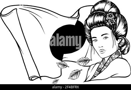Disegnare in bianco e nero della bella Geisha con foglie e bandiera del giappone Illustrazione Vettoriale