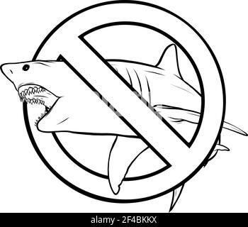 Disegnare in bianco e nero di predatore marino, lo squalo sullo sfondo del segno di divieto Illustrazione Vettoriale