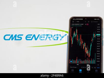 Ucraina. 20 Marzo 2021. In questa illustrazione sono riportate le informazioni del mercato azionario di CMS Energy Corporation visualizzate su uno smartphone con il logo CMS Energy Corporation sullo sfondo. Credit: Gollovniov/SOPA Images/ZUMA Wire/Alamy Live News Foto Stock