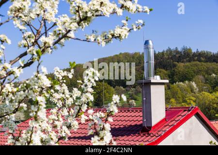 Camino in acciaio inox sulla casa e fiore albero in primavera. Architettura moderna in un edificio privato. Tetto rosso. Foto Stock