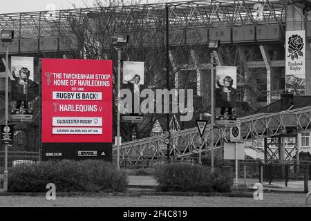 Twickenham Stoop, Londra, Regno Unito. 20 Marzo 2021. Inglese Premiership Rugby, Harlequins contro Gloucester; Harlequins, Gloucester; Gloucester benvenuto è oggi cartellone a ingresso principale Credit: Action Plus Sport/Alamy Live News Foto Stock