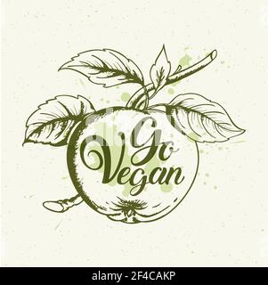 Mela verde, foglie e scritte andare vegane. Stile di vita vegetariano concetto. Disegnato a mano illustrazione vettoriale Illustrazione Vettoriale