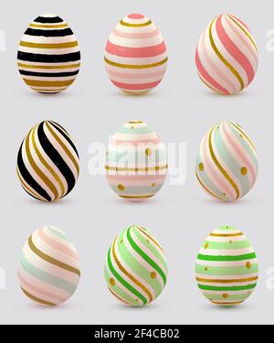 Set di decorativi vettoriali dipinti a mano scintillanti uova di Pasqua Illustrazione Vettoriale