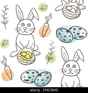 Disegnata a mano doodle Pasqua pattern senza soluzione di continuità con il coniglio e le uova su sfondo bianco Illustrazione Vettoriale