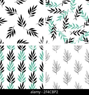 Set di motivi floreali decorativi senza cuciture con foglie verdi su sfondo bianco. Ripetizioni senza giunture con foglie verdi Illustrazione Vettoriale