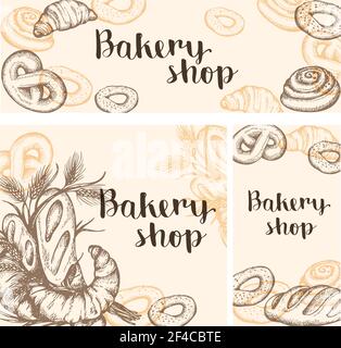 Set di vintage disegnato a mano i banner di vettore con prodotti da forno. Gli sfondi di vintage con il cibo. Illustrazione Vettoriale