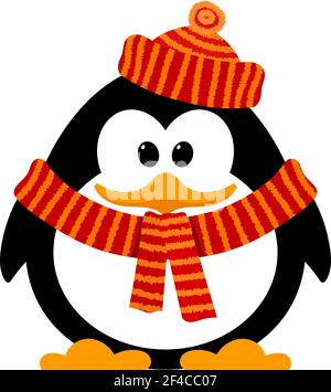 Piccolo pinguino carino su sfondo bianco. Illustrazione vettoriale di un pinguino bambino in cappello e sciarpa sul collo. Isolare. Fauna dell'Antartico. Simbolo dell'inverno, stile Cartoon. Illustrazione Vettoriale