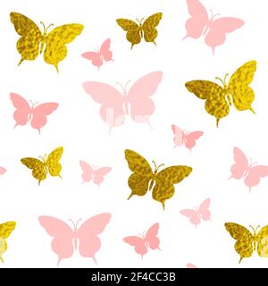 Vettore decorativo senza giunture con farfalle rosa e dorate uno sfondo bianco Illustrazione Vettoriale