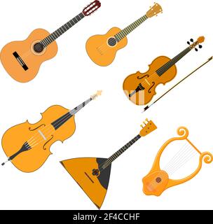 Insieme di colori vettoriali di strumenti musicali con corde acustiche su sfondo bianco. Isolare. Violino, chitarra, balalaika, ukulele, basso, violoncello, lira. Illustrazione del magazzino Illustrazione Vettoriale