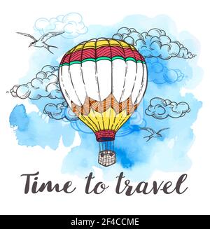 Sfondo di viaggio vintage con mongolfiera, nuvole e texture acquerello blu. Tempo di viaggio con lettere. Illustrazione vettoriale disegnata a mano. Palloncino ad aria e tessuto acquerello blu. Illustrazione Vettoriale