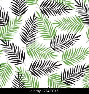 Motivo decorativo tropicale senza giunture con foglie di palma nere e verdi su sfondo bianco. Modello con foglie di palma nere e verdi Illustrazione Vettoriale