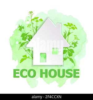 Casa di carta bianca e piante verdi su sfondo verde acquerello. Concetto di costruzione di ecologia.. Casa di carta bianca e piante verdi Illustrazione Vettoriale