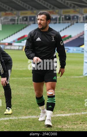 Twickenham, Regno Unito. 20 Marzo 2021. Danny Care of Harlequins si riscalda durante la partita di rugby della Gallagher Premiership tra Harlequins e Gloucester al Twickenham Stadium di Twickenham, Regno Unito, il 20 marzo 2021. Foto di Ken Sparks. Solo per uso editoriale, è richiesta una licenza per uso commerciale. Nessun utilizzo nelle scommesse, nei giochi o nelle pubblicazioni di un singolo club/campionato/giocatore. Credit: UK Sports Pics Ltd/Alamy Live News Foto Stock