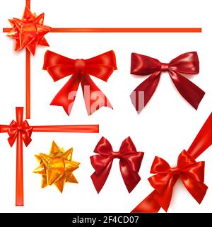 Set di archi rossi su sfondo bianco. Set vettoriale di nastri e archi in seta colorata. Oggetto isolato. Decorazione astratta. Illustrazione vettoriale stock Illustrazione Vettoriale