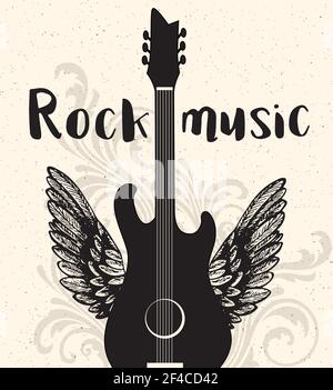Poster vintage di musica rock vettoriale con chitarra nera, ali e ornamenti floreali. . Poster di musica rock d'epoca con chitarra nera Illustrazione Vettoriale